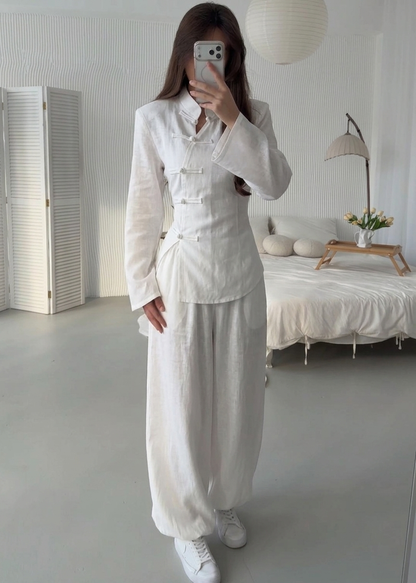fitted linen suit